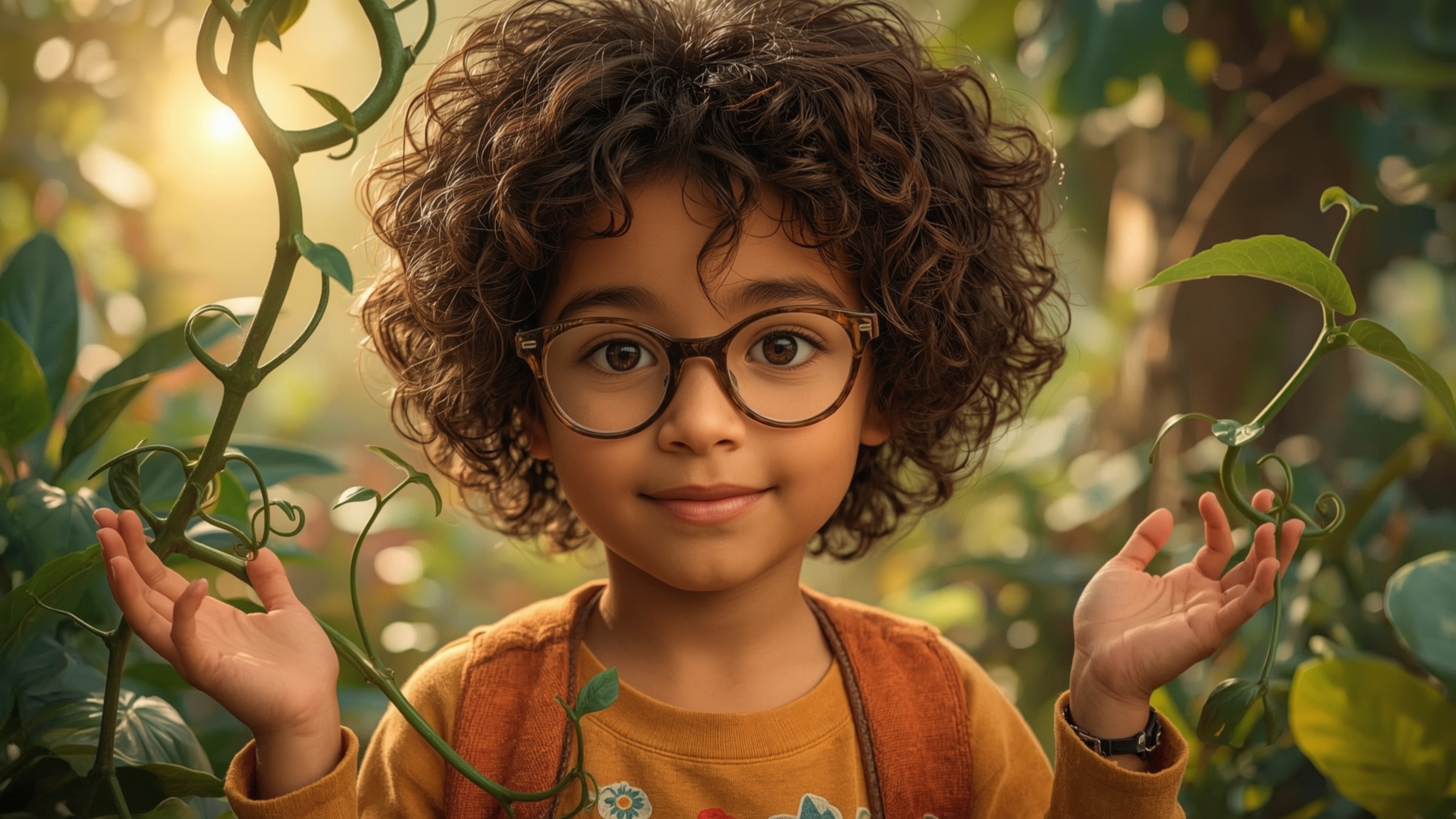 A highly detailed, high-resolution stock photo captures a bright-eyed, curly-haired homeschooled genius with thick-rimmed gla