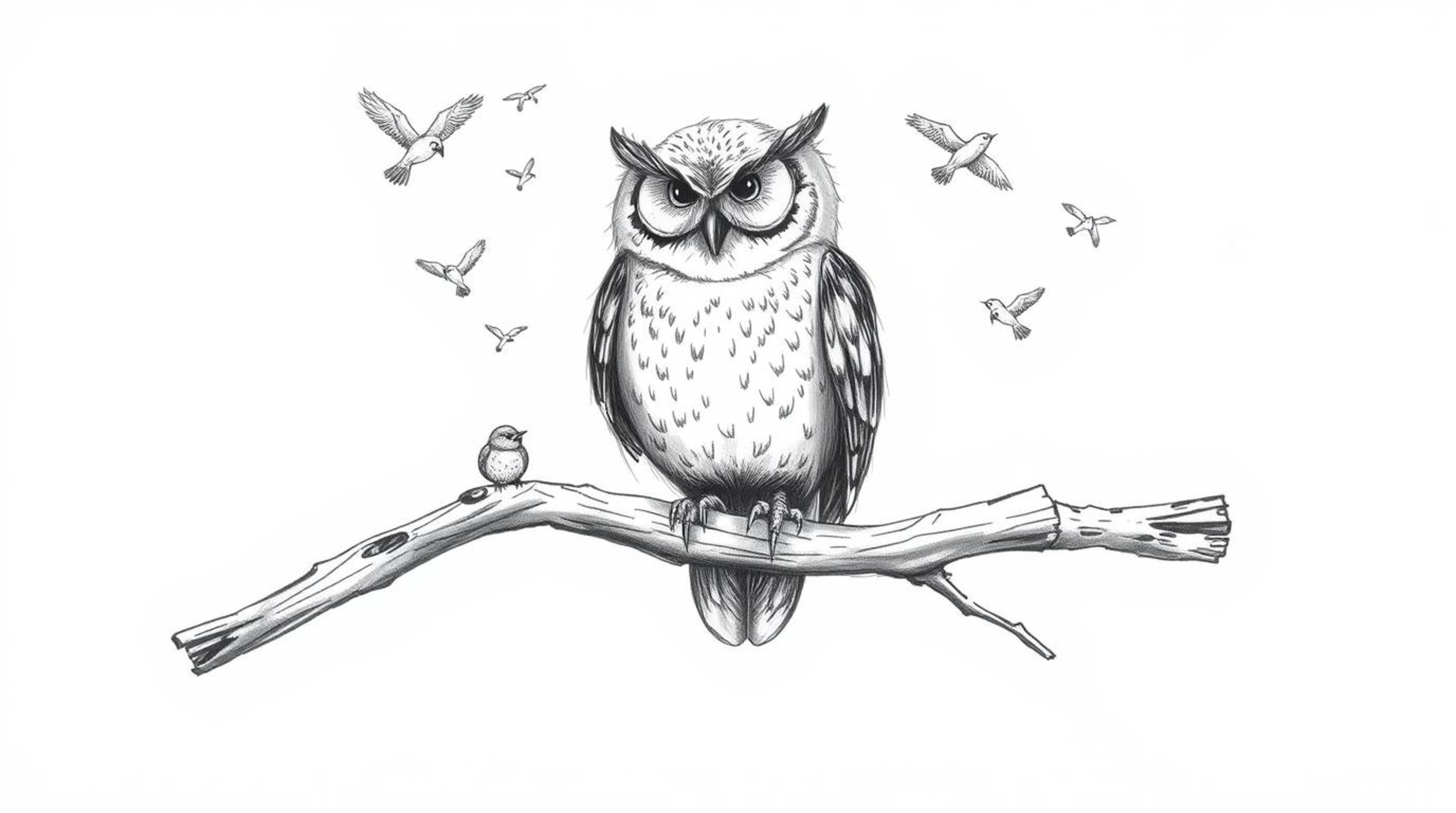 A heartwarming, hand-drawn sketch in Pixar style depicts a blind owl, meticulously detailed, perched on a weathered branch. T