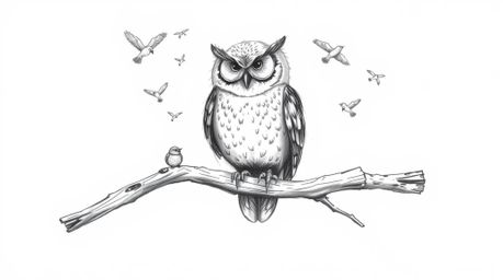 A heartwarming, hand-drawn sketch in Pixar style depicts a blind owl, meticulously detailed, perched on a weathered branch. T