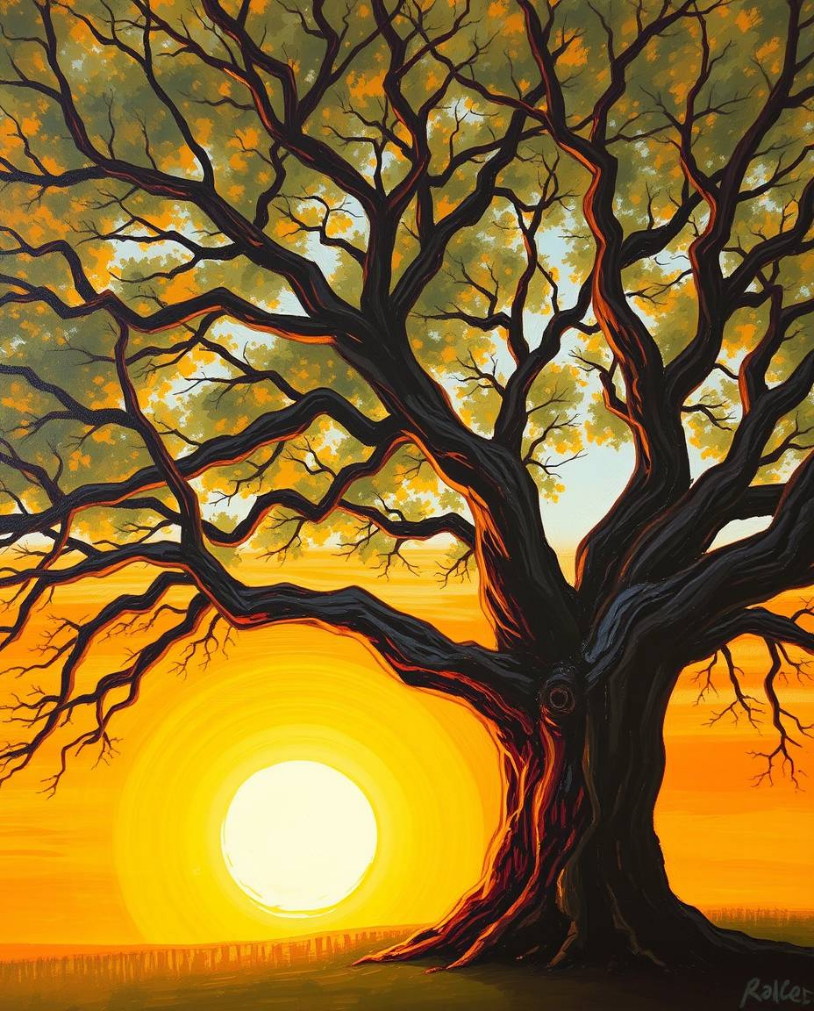A bold acrylic painting depicting a sunset behind an old oak tree with twisted branches, bathed in the soft, warm light of th