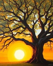 A bold acrylic painting depicting a sunset behind an old oak tree with twisted branches, bathed in the soft, warm light of th