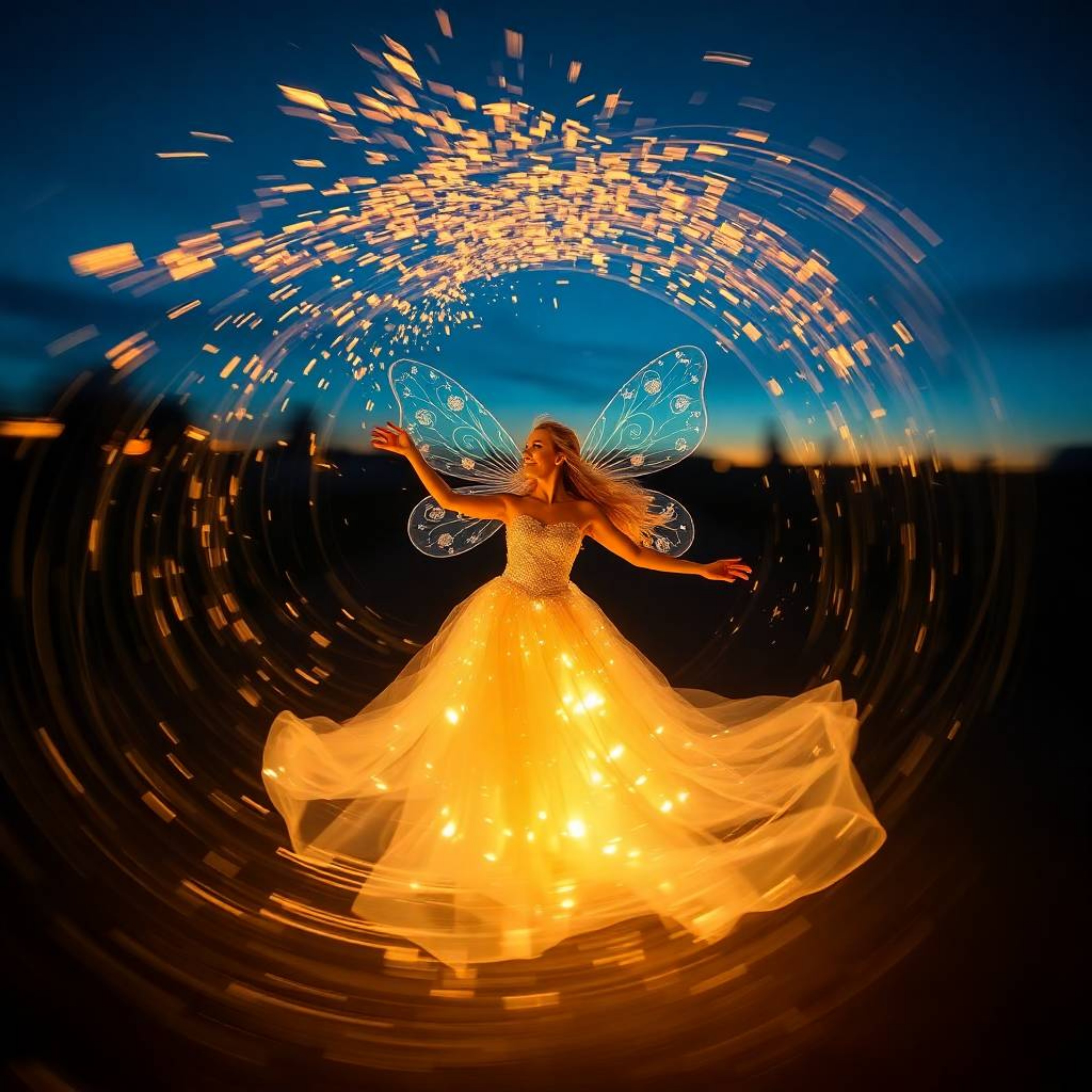 A captivating long-exposure photograph depicts a fairy godmother emerging from a swirling vortex of golden sparkles during th