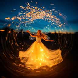 A captivating long-exposure photograph depicts a fairy godmother emerging from a swirling vortex of golden sparkles during th