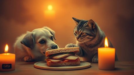 A captivating surreal image depicts a dog and cat engaged in a humorous fight over a large sandwich.  Shot in infrared, the s