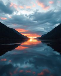 An image of a glassy fjord reflecting a vibrant sunset, uniquely composed by being split into distinct sections with bold are