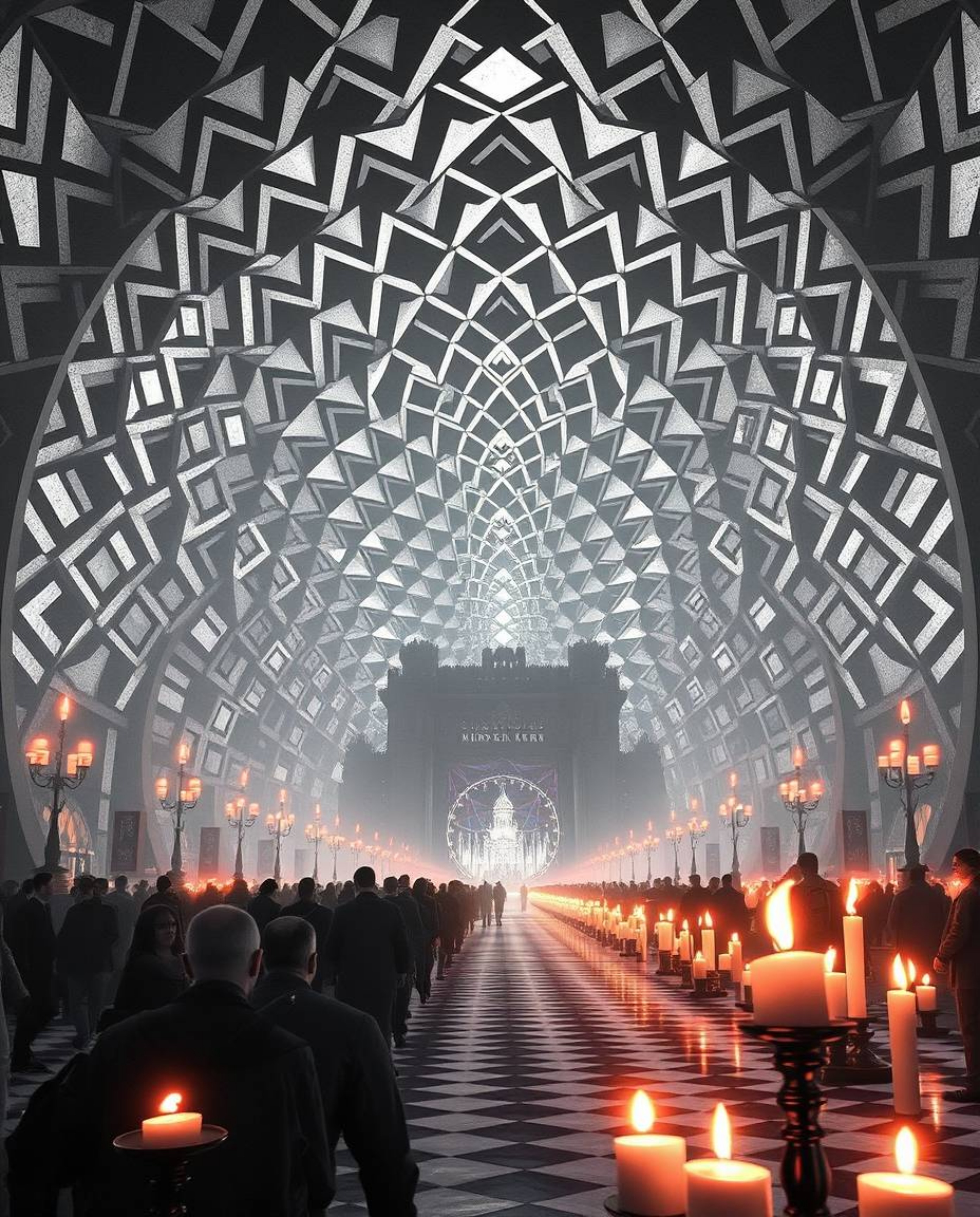 An epic black and white scene showcasing a striking geometric optical illusion pattern infused with retro aesthetics. Modern 