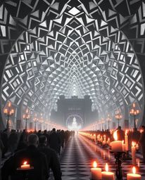 An epic black and white scene showcasing a striking geometric optical illusion pattern infused with retro aesthetics. Modern 
