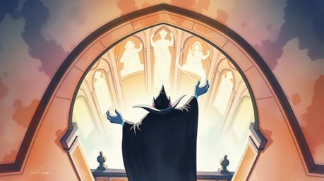 A captivating watercolor painting depicts a classic Disney villain casting a spell within the walls of an ancient castle. Th