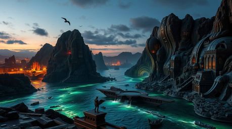 A photograph capturing a majestic cast bronze river delta at twilight, bathed in a warm, inviting glow. The scene unfolds as 