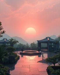 Witness an epic, modern, and futuristic vision of a serene Zen garden at sunset. This scene is set within a wet, rainy atmosp