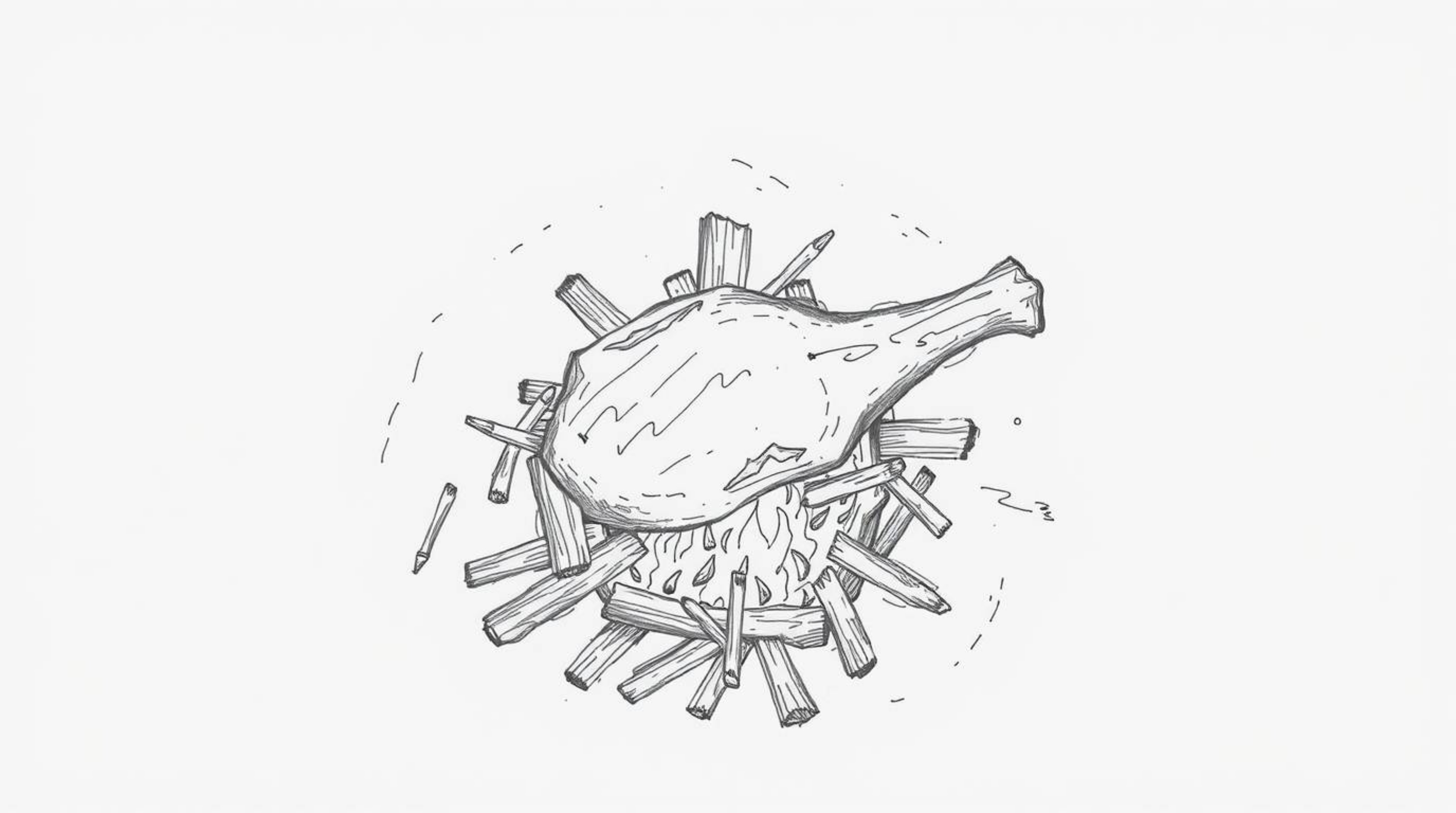 A captivating hand-drawn sketch depicts a caveman meticulously cooking mammoth meat over an open fire.  The overhead bird's-e