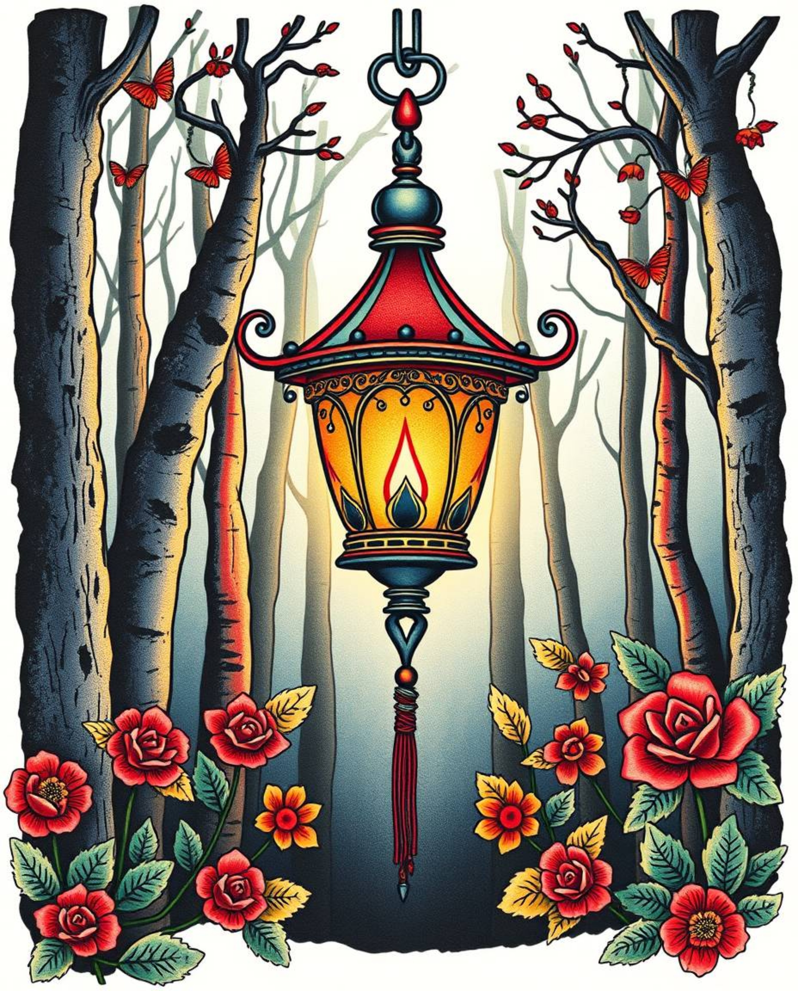 This traditional tattoo art print features a graceful and elegant glowing lantern in a dark forest, rendered with vibrant col