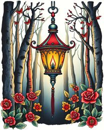 This traditional tattoo art print features a graceful and elegant glowing lantern in a dark forest, rendered with vibrant col