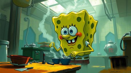 A dynamic digital sketch depicting a heroic sponge character cooking in an underwater kitchen.  The scene evokes a modern fut