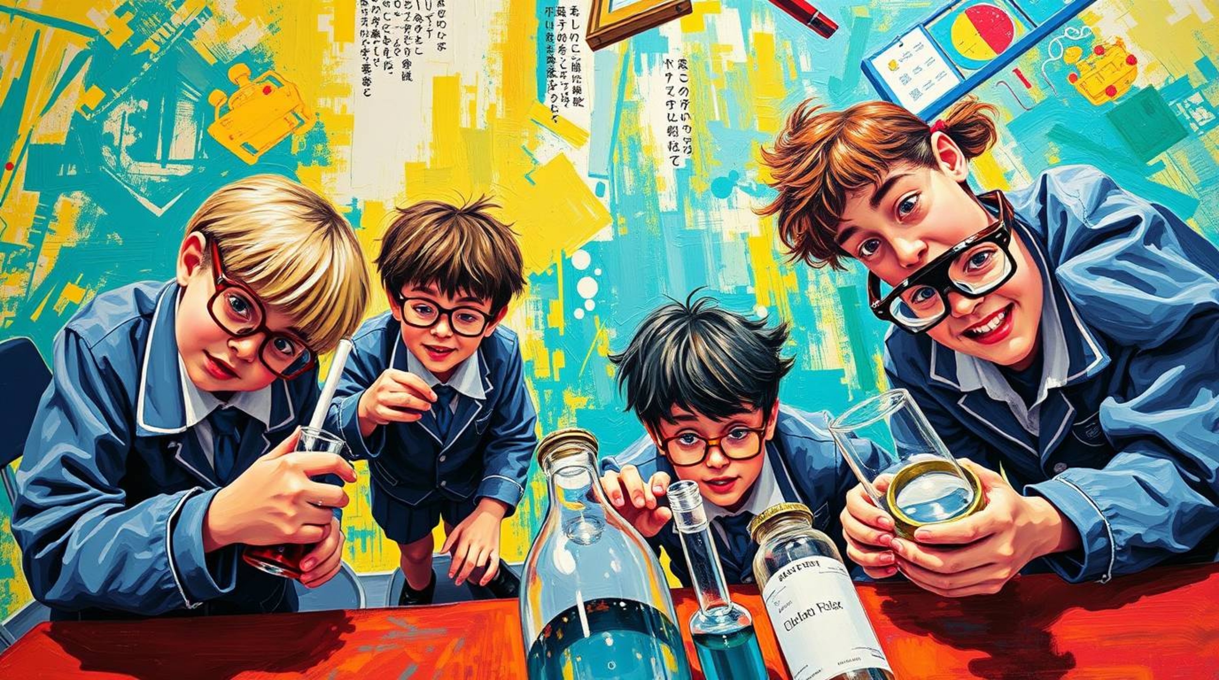 This bold acrylic painting captures a high-angle perspective of quirky children in school uniforms engaged in experiments. Th