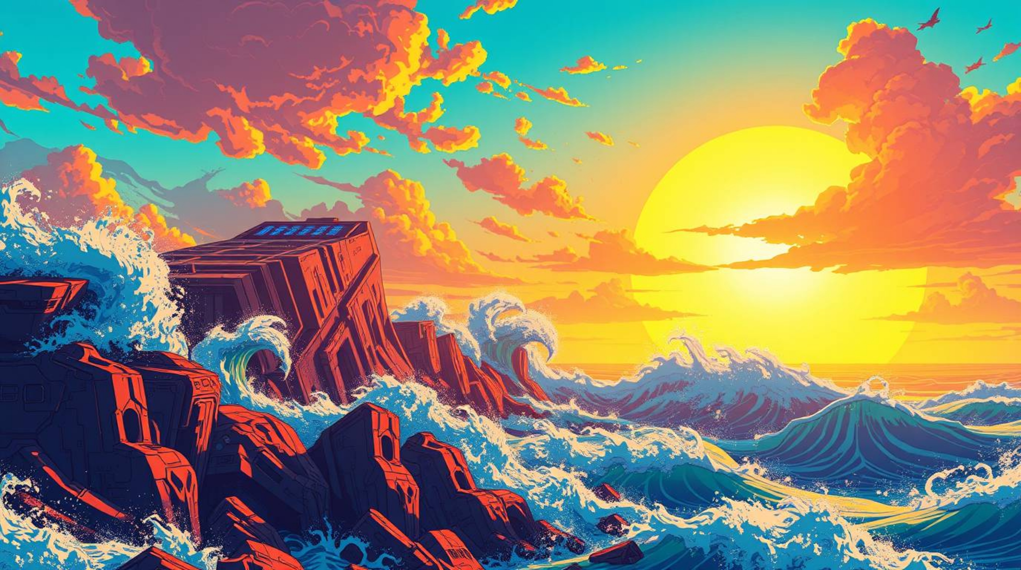 Immerse yourself in a world where futuristic sci-fi illustrations meet the raw power of nature. Vibrant colors explode across