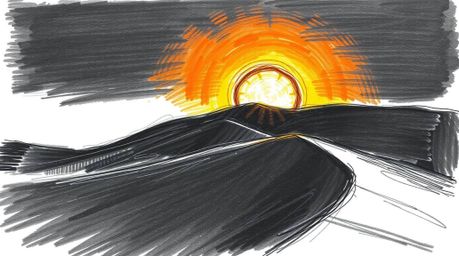 A captivating hand-drawn sketch depicts a breathtaking sunset over golden desert dunes.  Rendered in intense black and white 