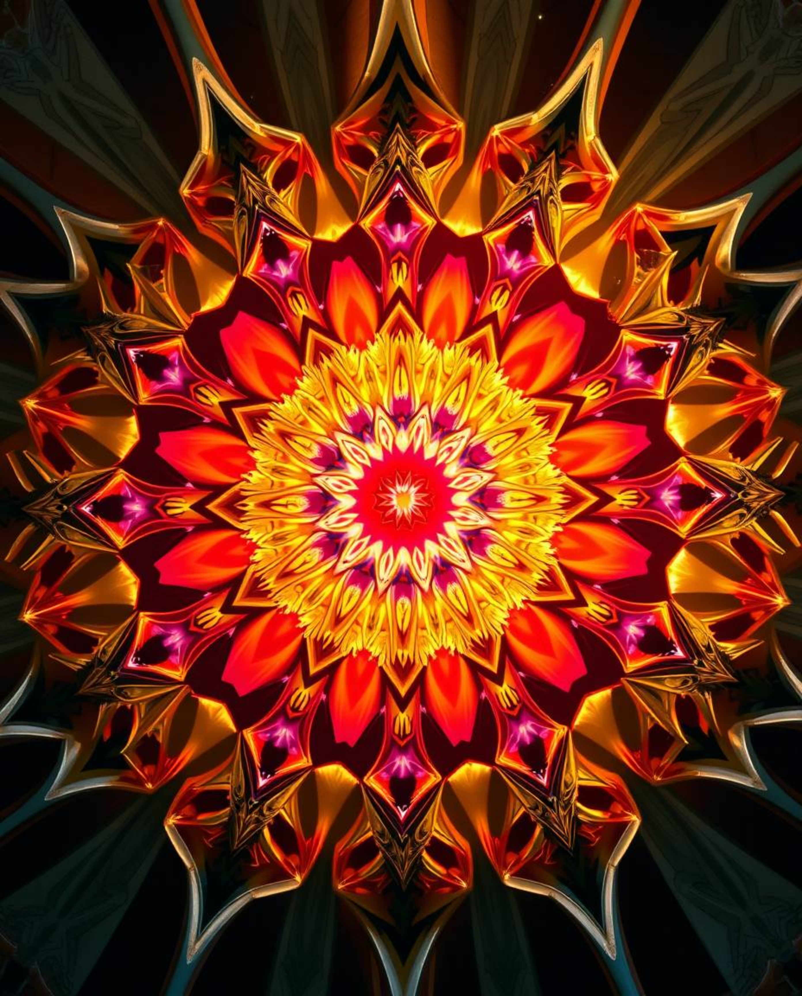 This precise architectural color photograph captures a stunning geometric floral mandala, radiating luxurious and vibrant col