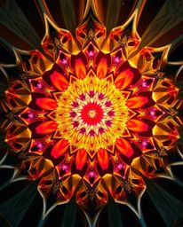 This precise architectural color photograph captures a stunning geometric floral mandala, radiating luxurious and vibrant col
