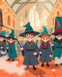 Explore a captivating magical school teeming with young wizards, rendered in a modern flat design aesthetic.  The scene featu