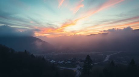 Capture the serene beauty of a cozy village nestled in a valley beneath a vibrant, colorful sky. This bird's-eye view photogr