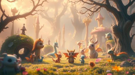 Explore a breathtaking fantasy kingdom teeming with quirky and enchanting magical creatures, all rendered in a soft, dreamlik