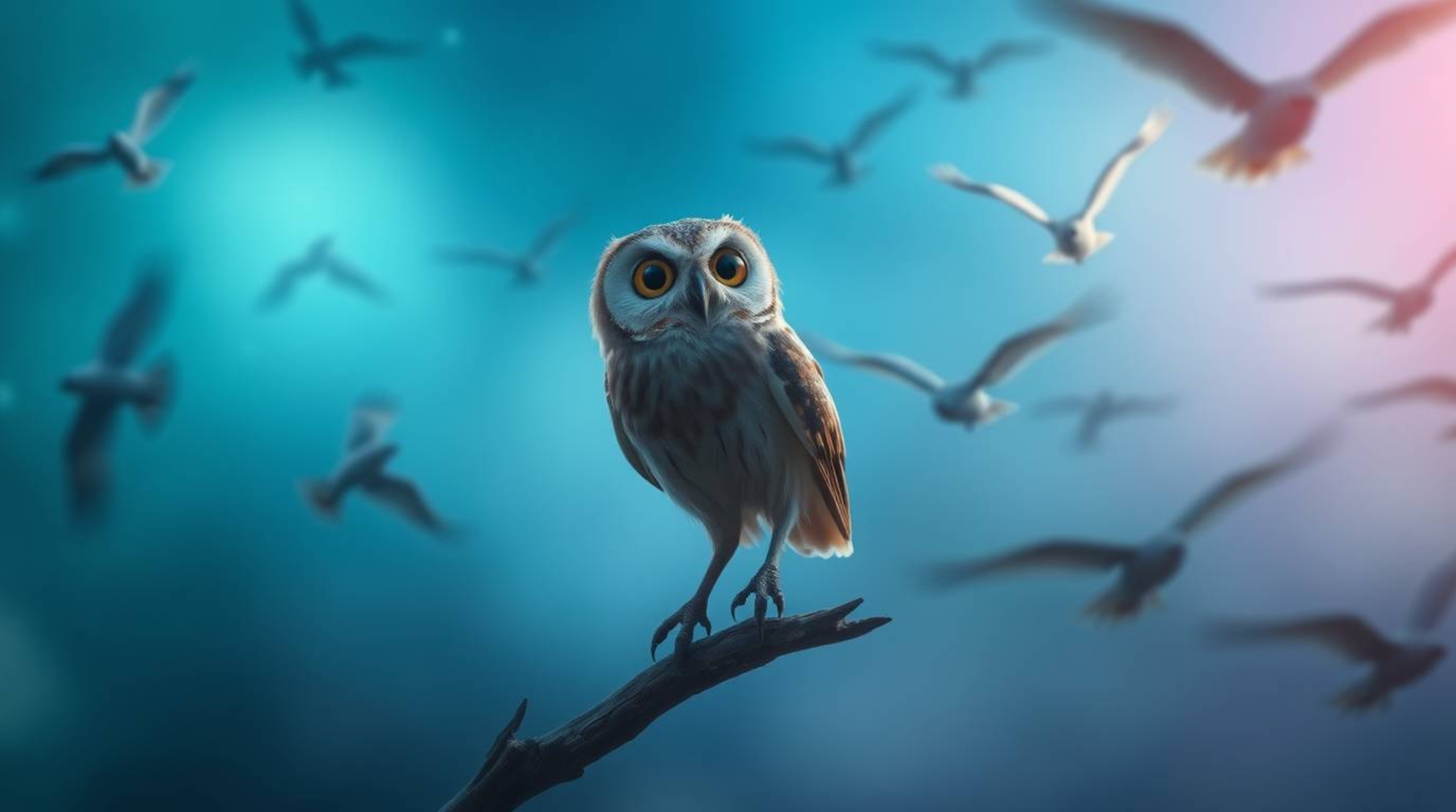 A long exposure photograph, exuding an ethereal vibe and enveloped in a soft cinematic haze, captures a wise, blind owl in a 