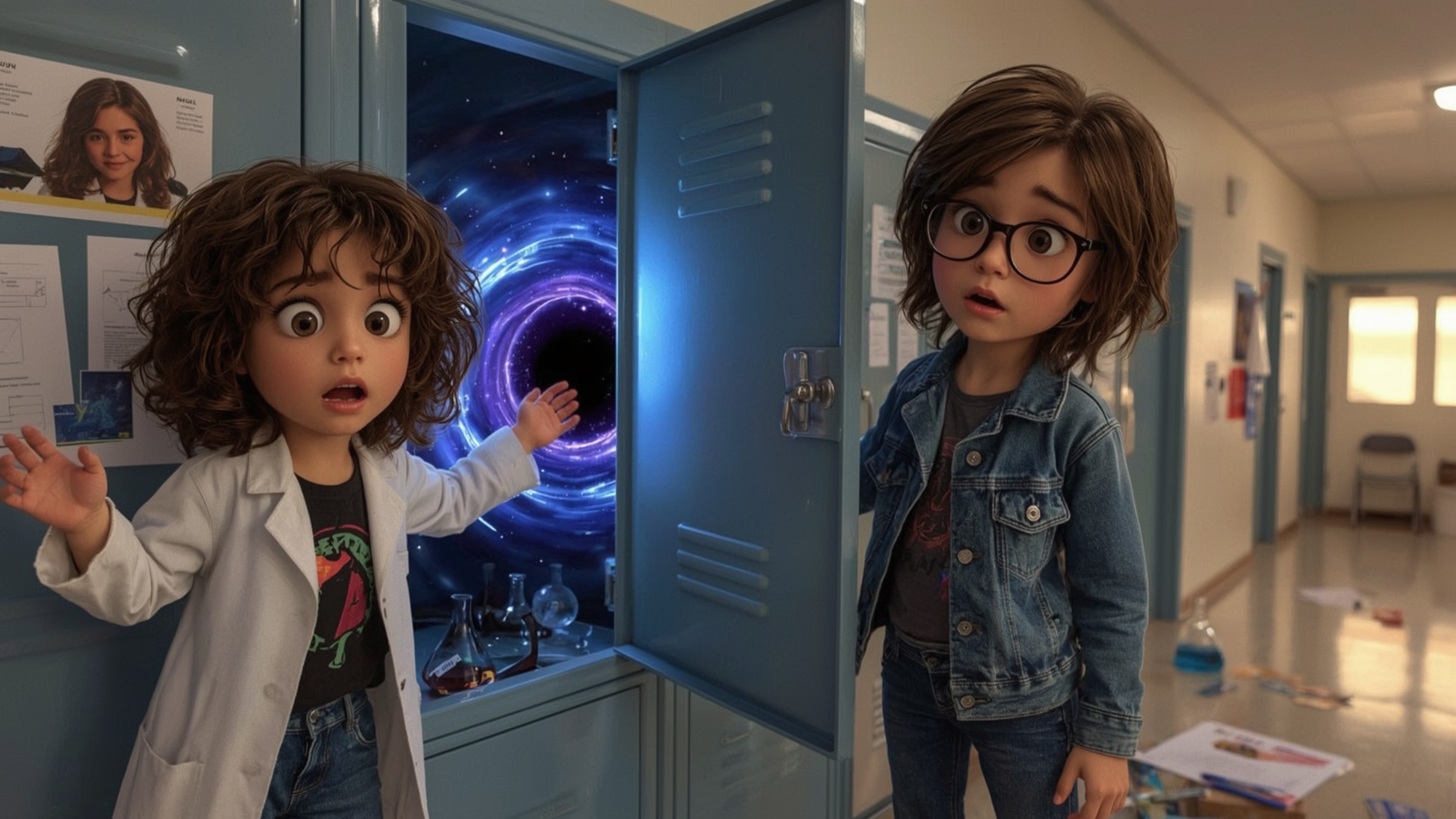a vibrant and whimsical photograph resembling Pixar's signature style, depicting a duo of excited and disheveled science fair