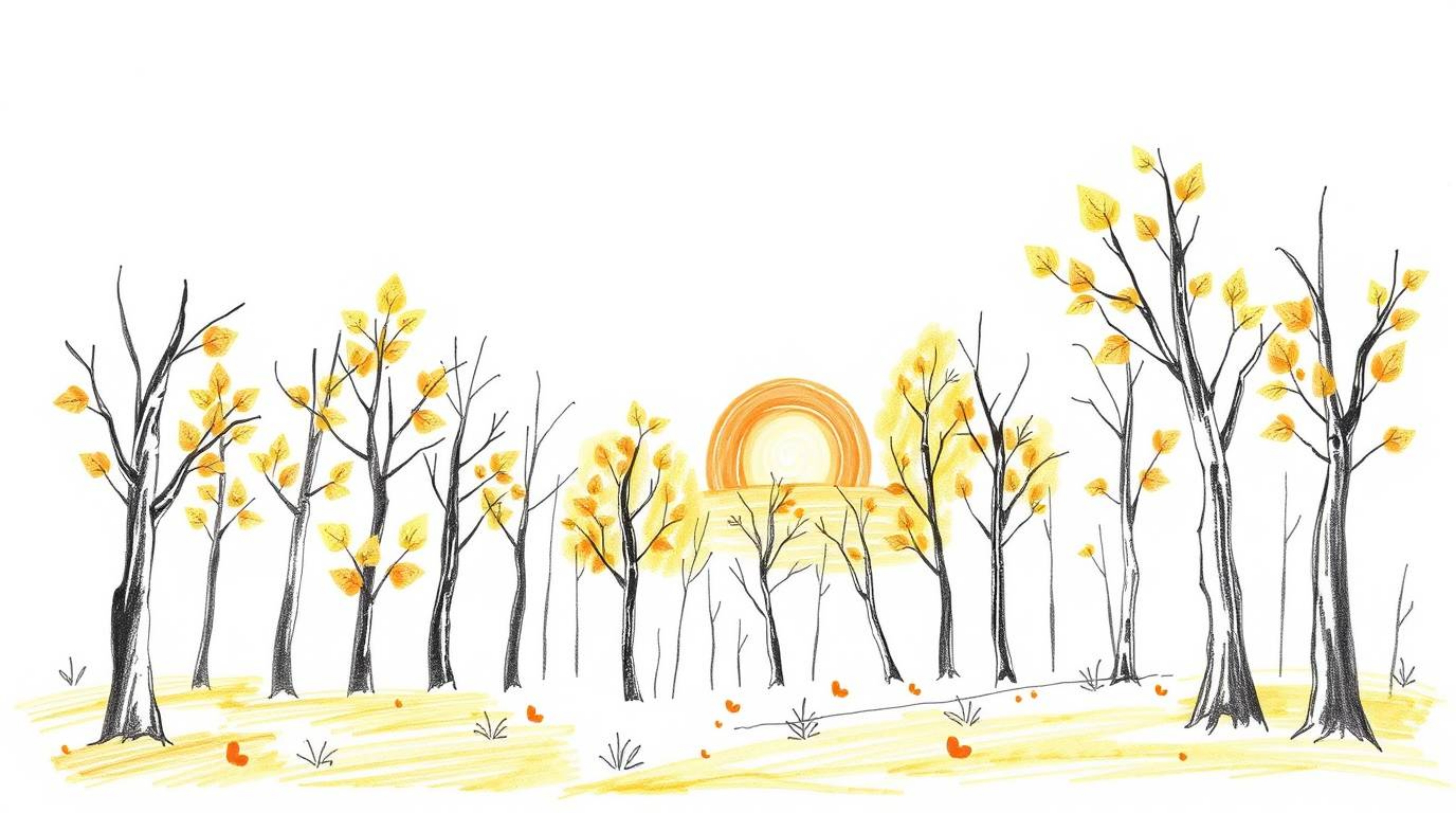 A charming hand-drawn sketch showcasing an adorable and cute style, depicting an autumn forest bathed in the warm glow of a s