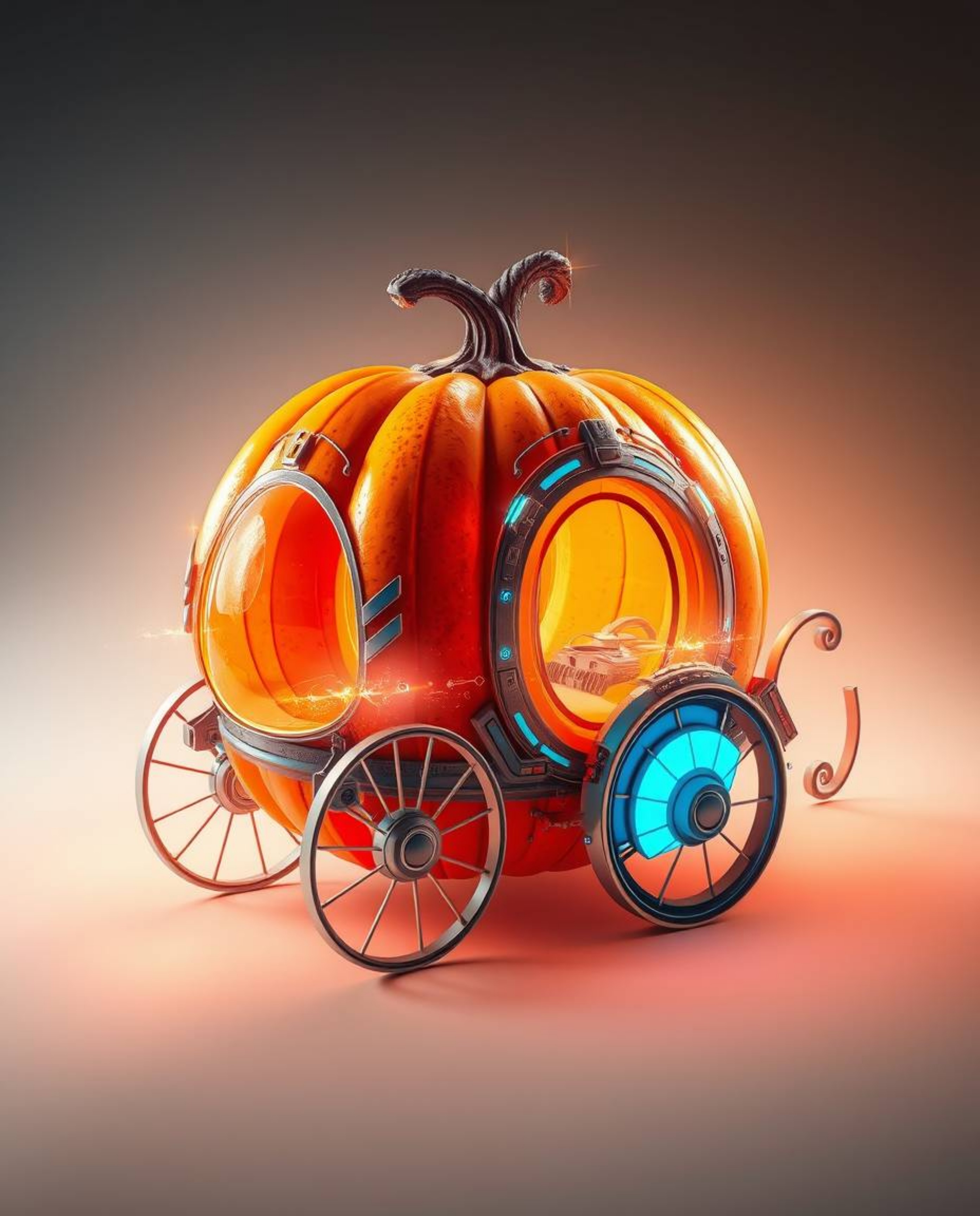 Witness a breathtaking transformation: a magical pumpkin seamlessly morphs into a futuristic carriage. This captivating imag