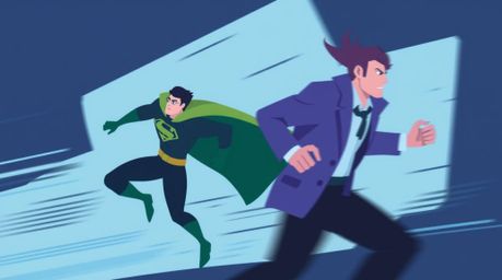 A dynamic flat design illustration showcases a superhero battling a comical villain. Cool blues, greens, and purples dominate