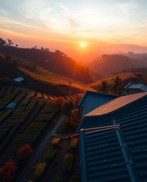 A high-angle, precisely-composed architectural photograph of a sunset over terraced tea plantations. This image features warm