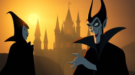A classic Disney villain with sharp, angular features and pale skin casts a spell within the confines of a geometrically-shap