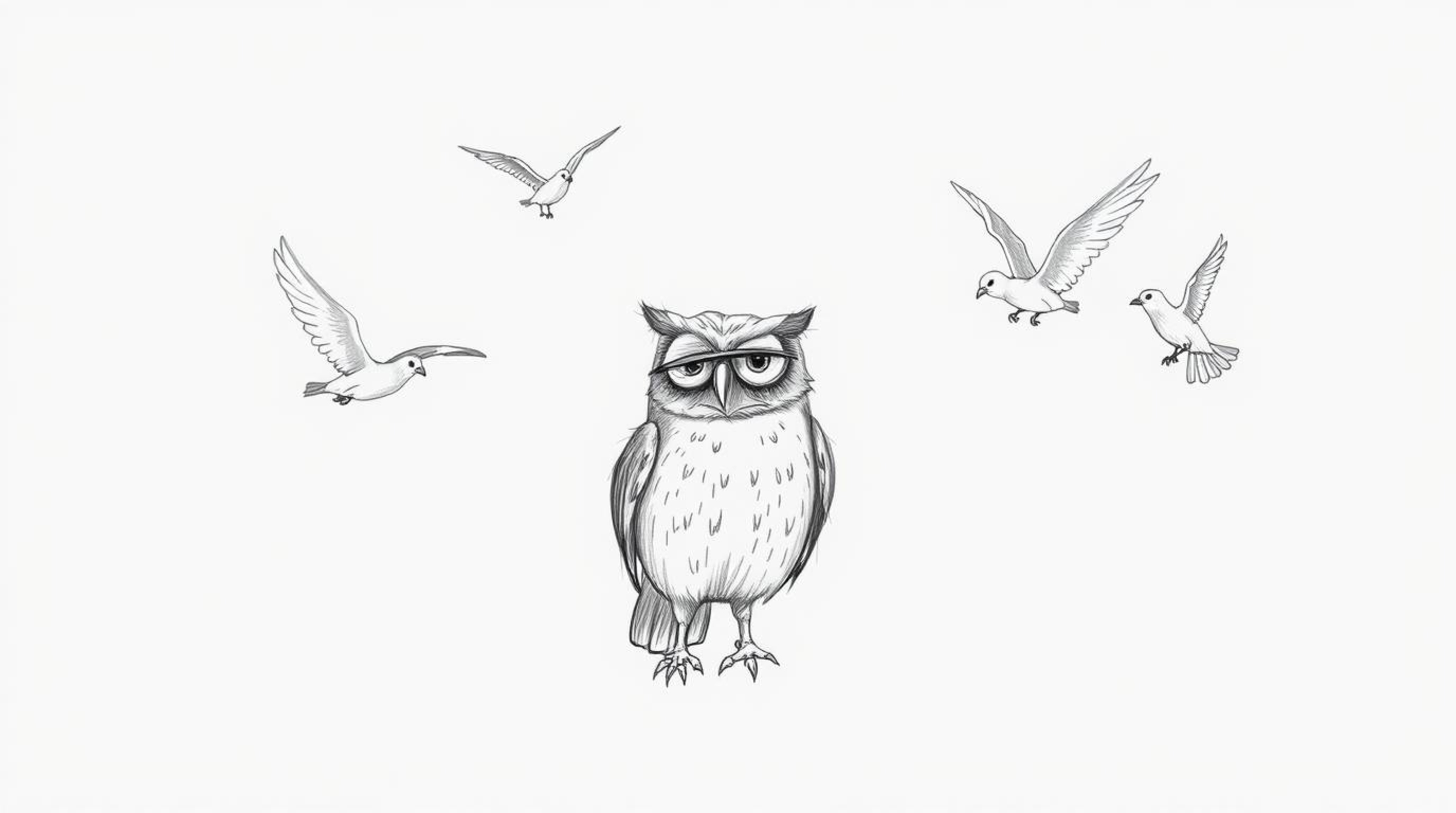 This whimsical hand-drawn sketch depicts a blind owl patiently guiding several birds in flight, rendered in a charming Pixar-