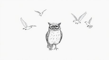 This whimsical hand-drawn sketch depicts a blind owl patiently guiding several birds in flight, rendered in a charming Pixar-