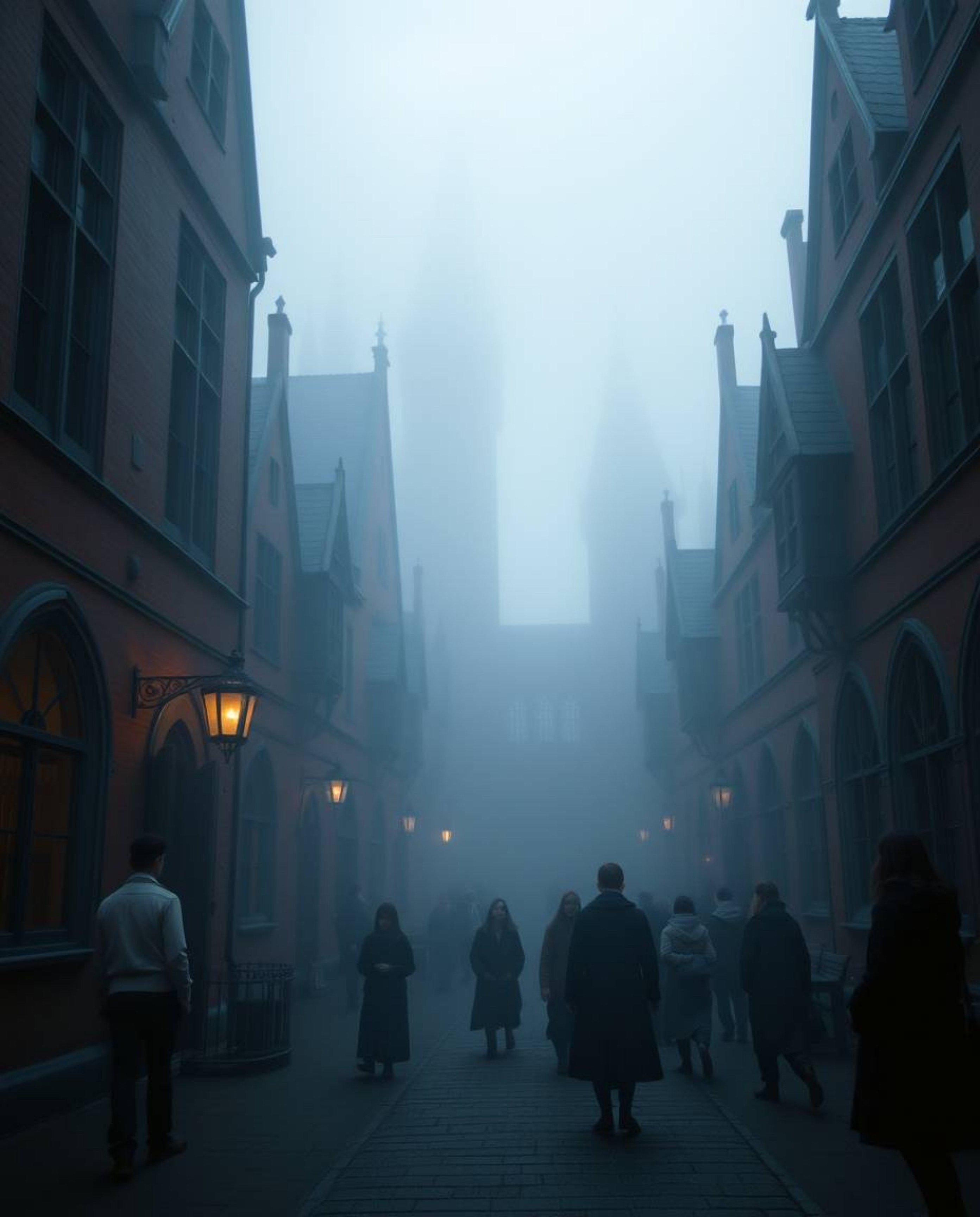 Discover a captivating magical school shrouded in thick fog, where young wizards learn their craft.  The scene is dominated b