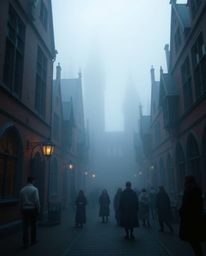 Discover a captivating magical school shrouded in thick fog, where young wizards learn their craft.  The scene is dominated b