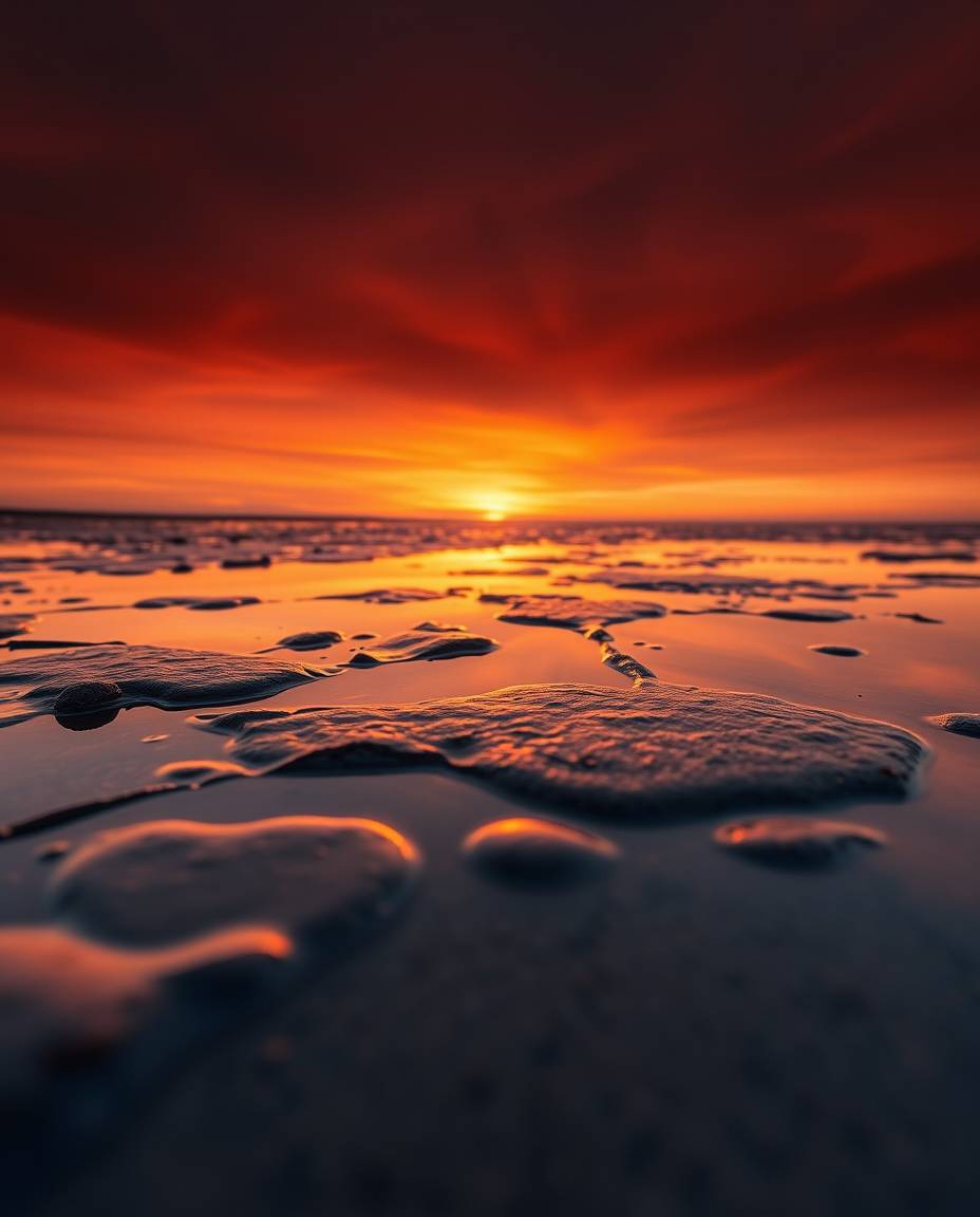 A tight close-up professional photograph, of Photo of the Year caliber, captures the intricate details of a sunset sky mirror