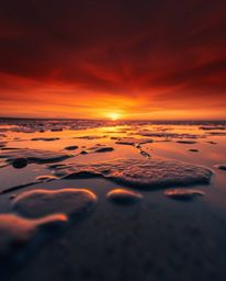 A tight close-up professional photograph, of Photo of the Year caliber, captures the intricate details of a sunset sky mirror