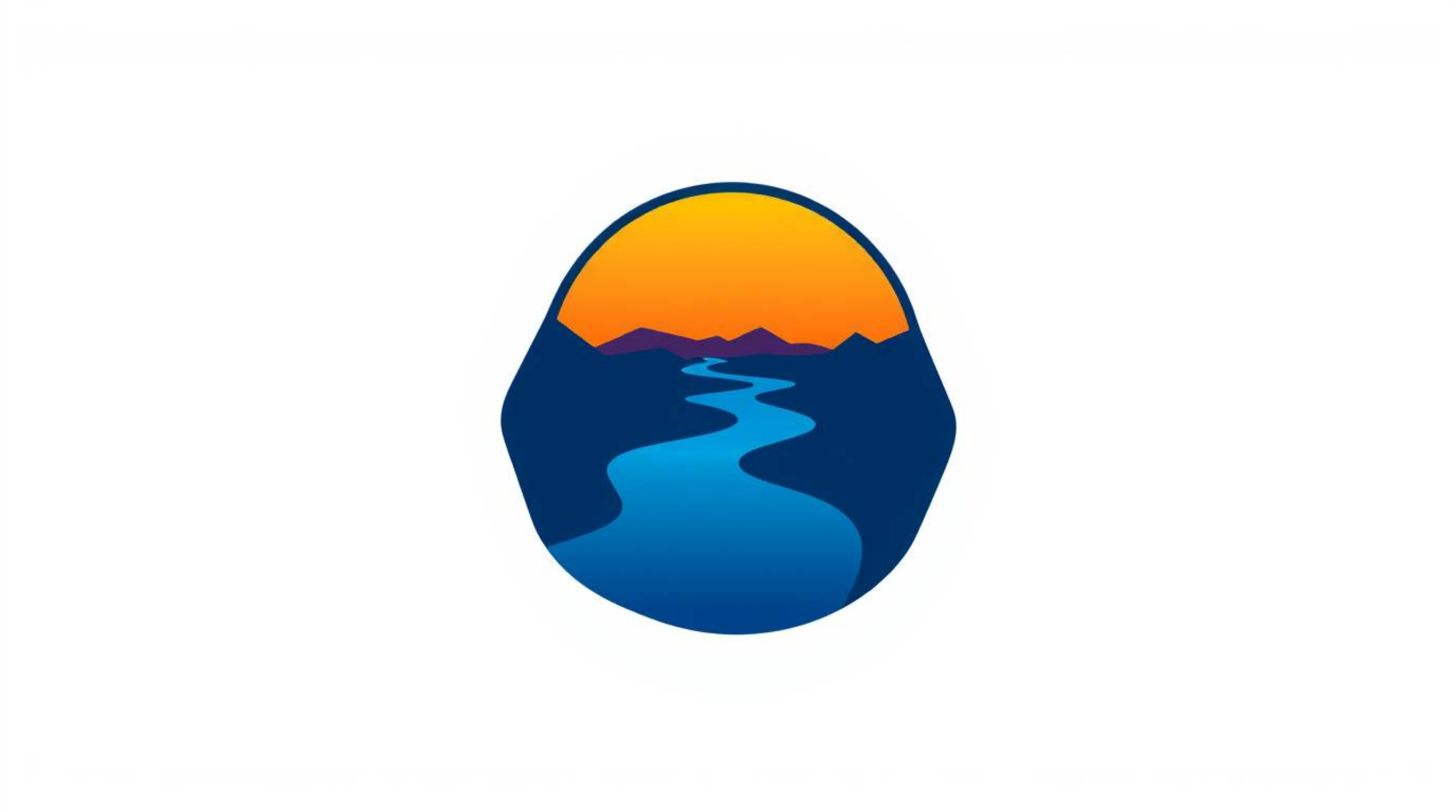 This geometric logo design features a river delta brilliantly illuminated in twilight hues. The design emphasizes clean lines