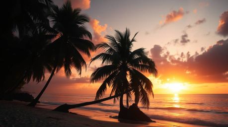 Experience the ethereal beauty of a tropical beach sunset.  Swaying palm trees are dramatically lit with contrasting chiarosc