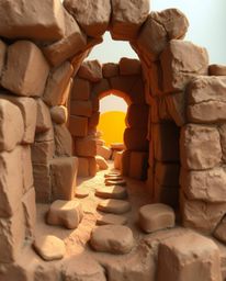 Sculptural clay art depicting a sunset casting shadows through ancient stone ruins. This piece features modeled shapes with t