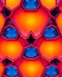 A stunning overhead architectural photograph showcases a seamless geometric pattern of hexagons and triangles in a vibrant ne