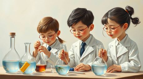 A captivating oil painting showcases a group of quirky children in refined school uniforms conducting scientific experiments.