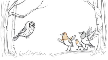 A heartwarming hand-drawn sketch in the style of Pixar depicts a blind owl patiently instructing a diverse group of birds on 