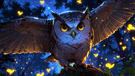 In a beautifully enchanting scene, crafted in a captivating blend of Pixar and anime styles, a wise blind owl teaches young b