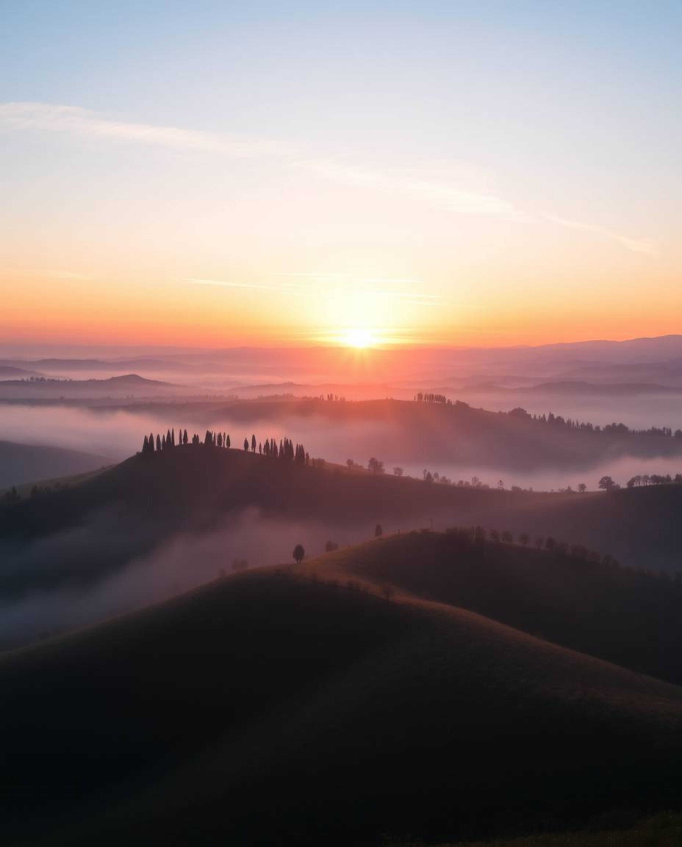 A breathtaking sunset over misty Tuscan hills, captured in a photograph with iridescent colors reflecting the warm golden hou