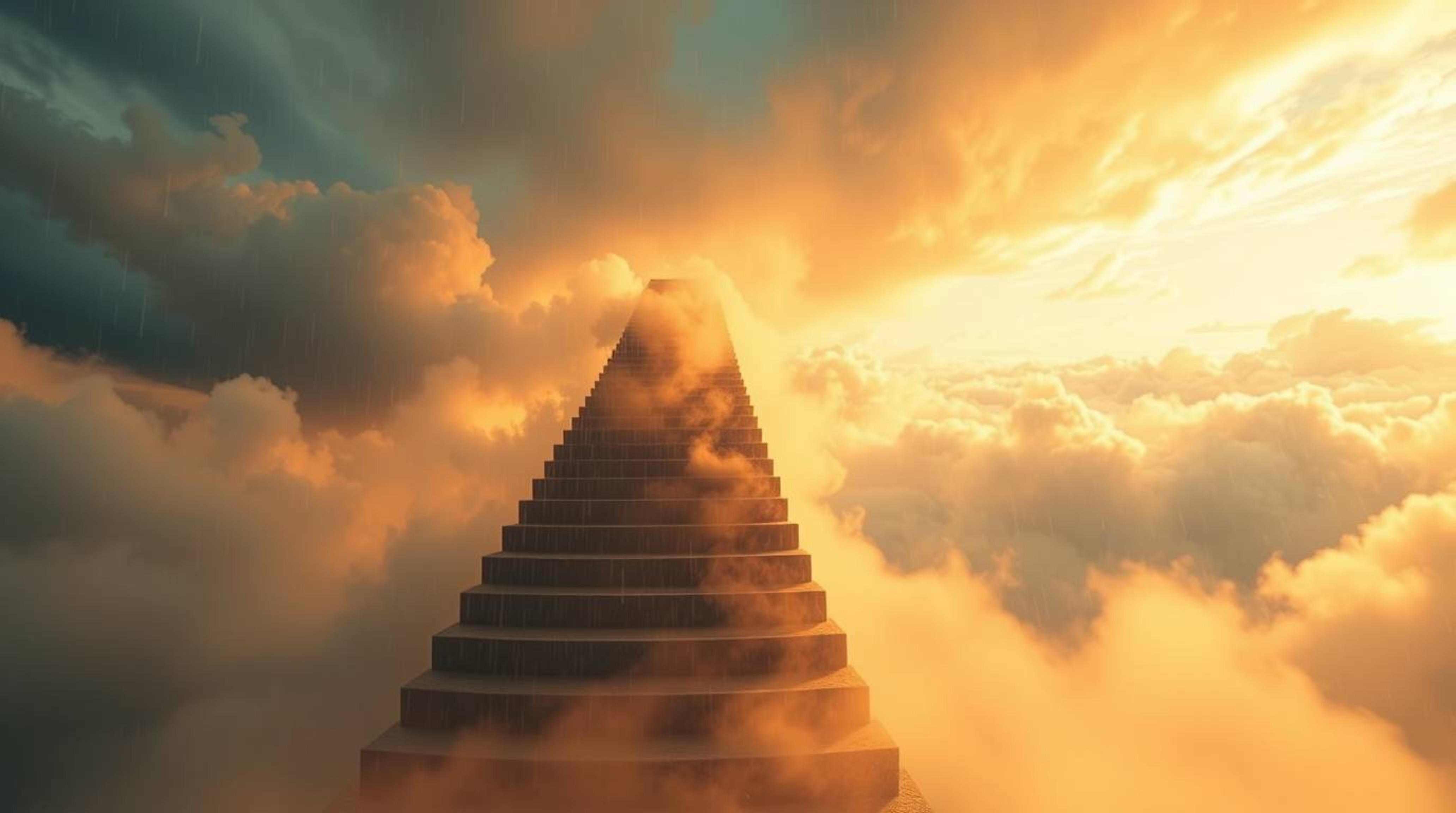 A winding stairway of smoke and light ascending into a vast, cloudy sky represents a journey to the unknown, capturing a sens