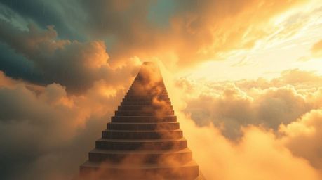 A winding stairway of smoke and light ascending into a vast, cloudy sky represents a journey to the unknown, capturing a sens