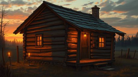This artwork portrays an old wooden cabin bathed in the warm light of a sunset, with flickering candlelight adding to the coz